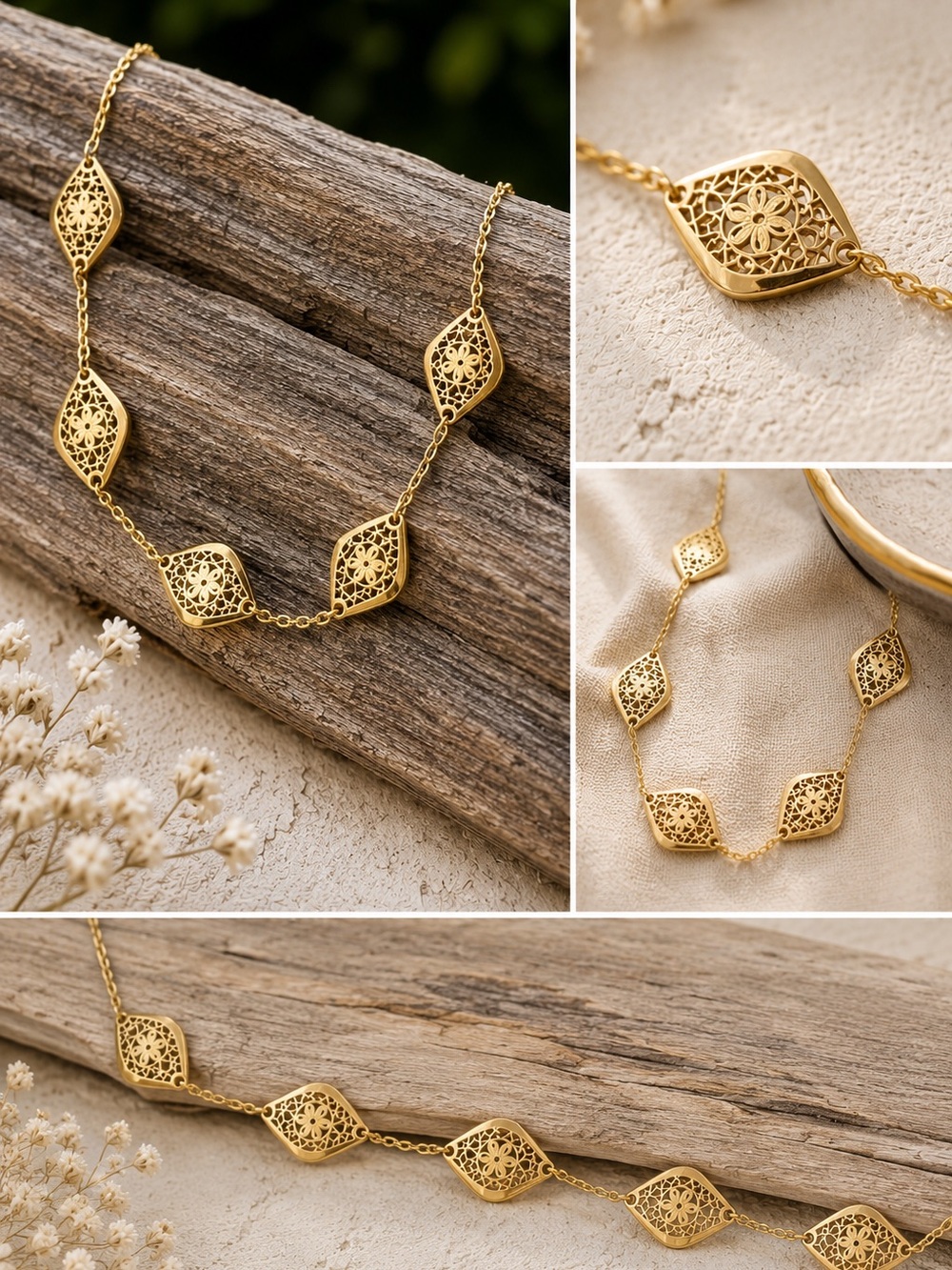 14 Karat Solid Gold | 5 Station Filigree Floral Necklace | New 18-20 inches